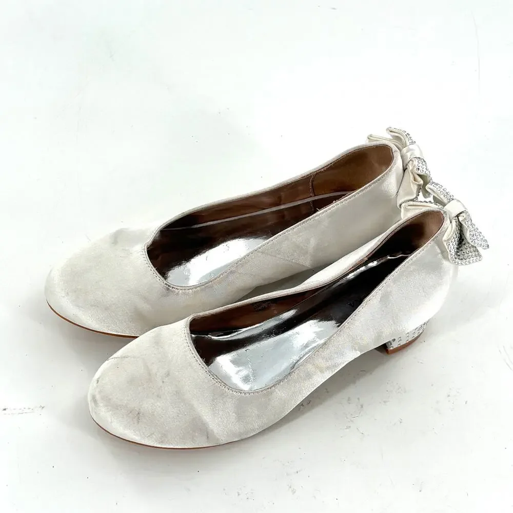Badgley Mischka Girls Sparkle Heel Dress Shoes 4 White Satin Wedding Jewel
